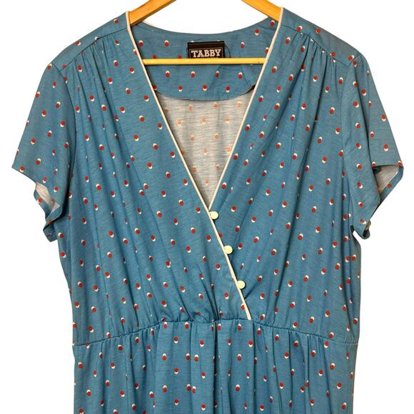 Vintage Plus Size Tabby of California Faux Wrap Blue Dot Short Sleeve Dress - Picture 3 of 8